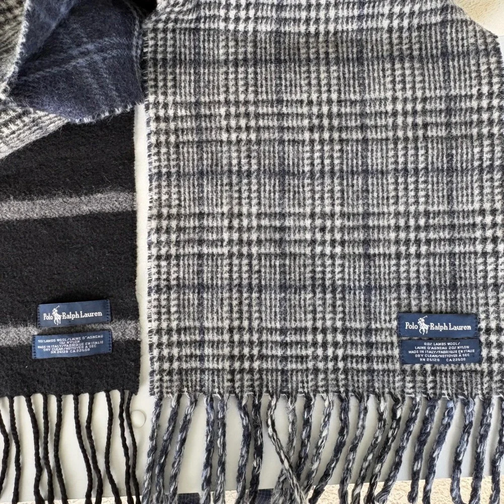 Polo Ralph Lauren Reversible Plaid & Striped Wool Scarf Set Mens OS Italy